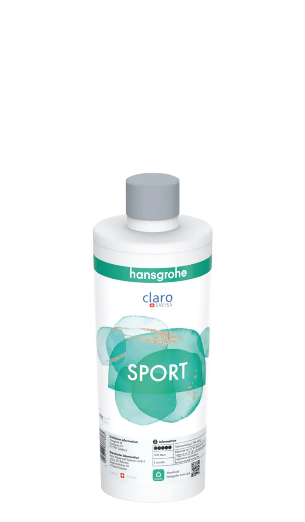 Weißer Behälter mit grauem Deckel von Hansgrohe, beschriftet mit „Sport“ und Informationen zu Mineralisierung und Filter. Rückseite mit zusätzlichen Produktdetails und QR-Code.